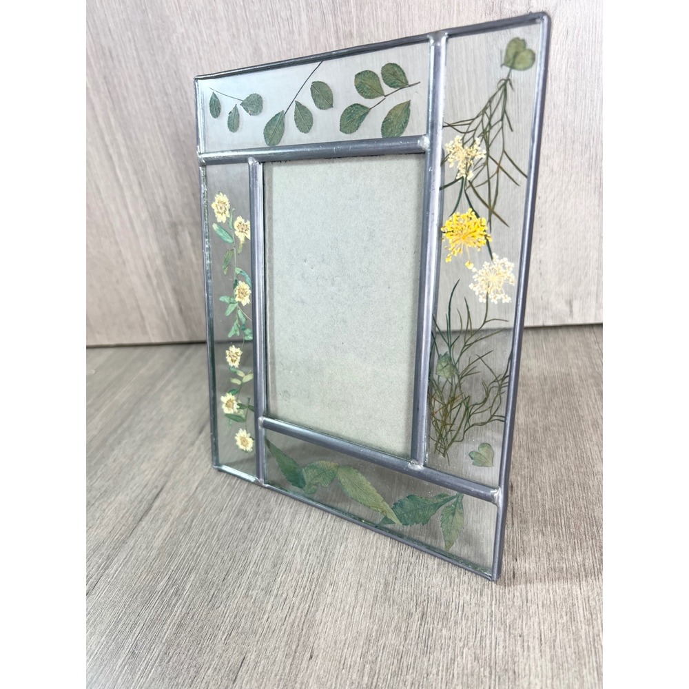 Pressed Flower Glass Picture Frame Vintage Metal Solder Botanical Cottagecore